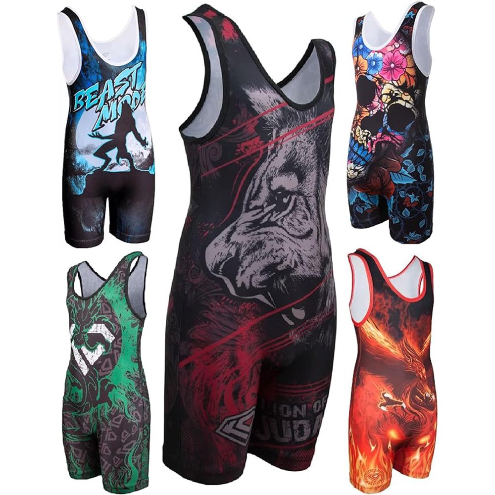 KO Sports Gear Unisex Wrestling Singlet for Adult Wrestlers - Wrestling Singlet for Men & Women - Bold Durable Uniform, Stretchy Breathable Material - Lion of Judah, Adult Large
