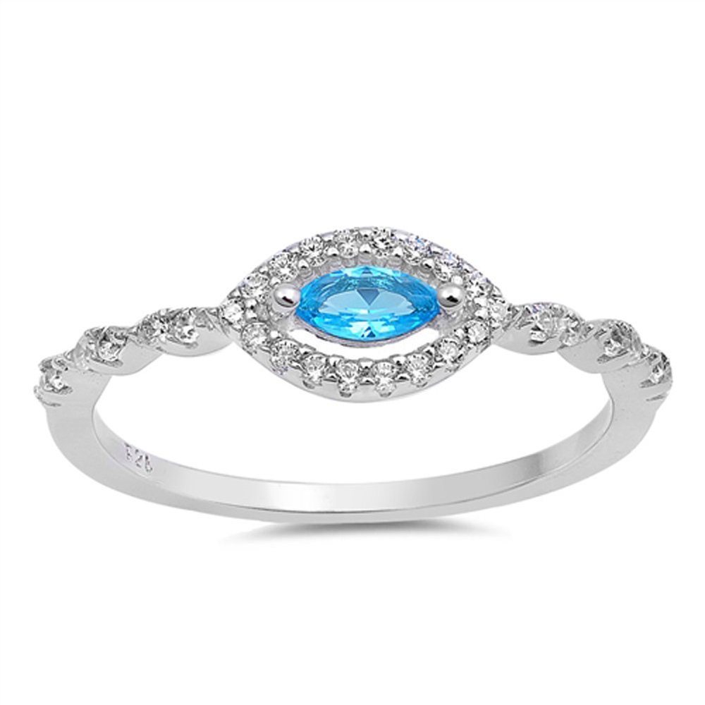 Evil Eye Simulated Aquamarine Fashion Halo Ring New 925 Sterling Silver Band Size 10