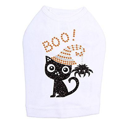 Cat with Spider Hat - Halloween and Fall Dog Rhinestone Bling Shirt, 3XL White