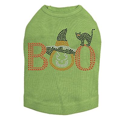 Boo - Hat and Cat - Halloween and Fall Dog Rhinestone Bling Shirt, XL Lime Green