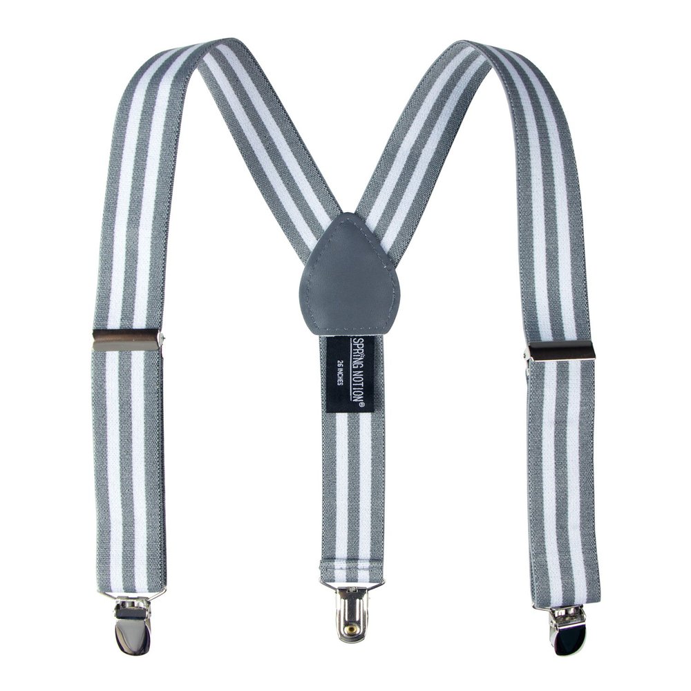 Spring Notion Boys' Elastic Suspenders with Leather Crosspatch Grey White Stripes Small