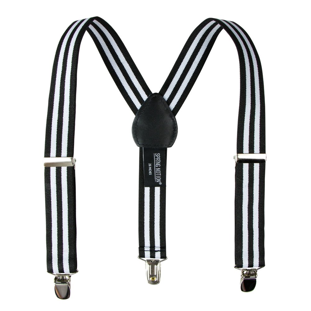 Spring Notion Boys' Elastic Suspenders with Leather Crosspatch White Black Stripes Medium