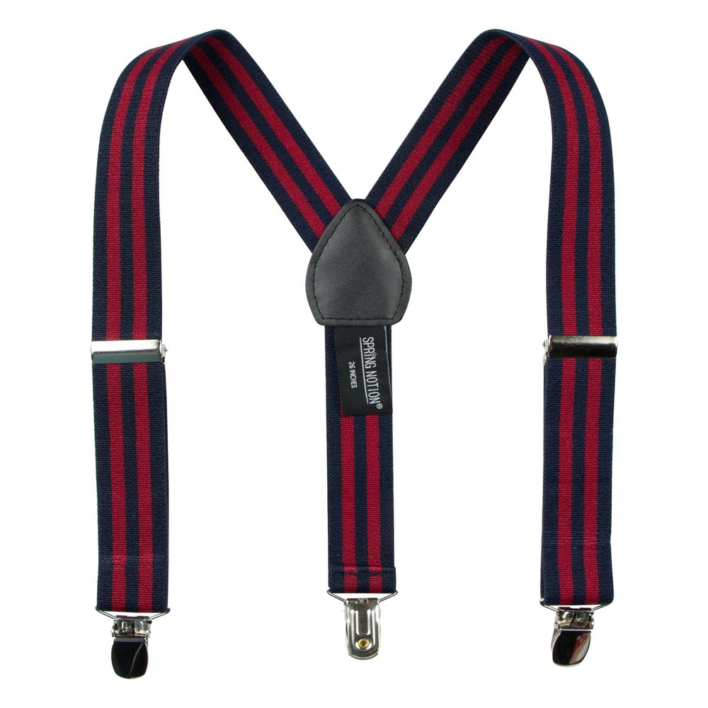 Spring Notion Boys' Elastic Suspenders with Leather Crosspatch Red Navy Stripes Medium