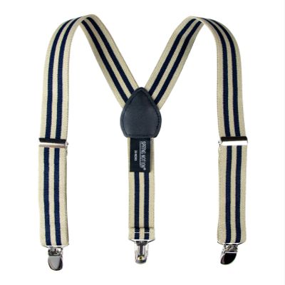 Spring Notion Boys' Elastic Suspenders with Leather Crosspatch Tan Navy Stripes Medium