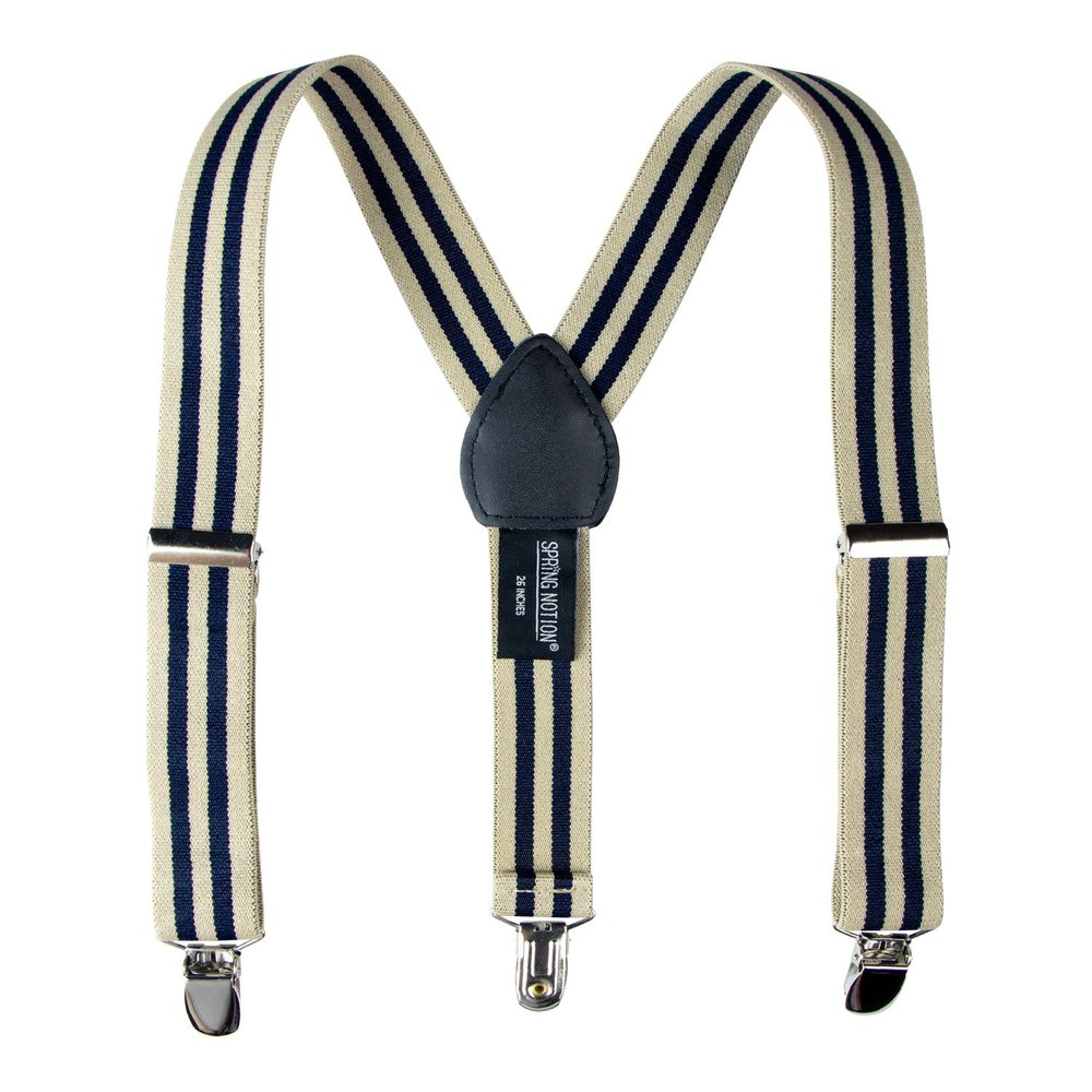 Spring Notion Boys' Elastic Suspenders with Leather Crosspatch Tan Navy Stripes Medium