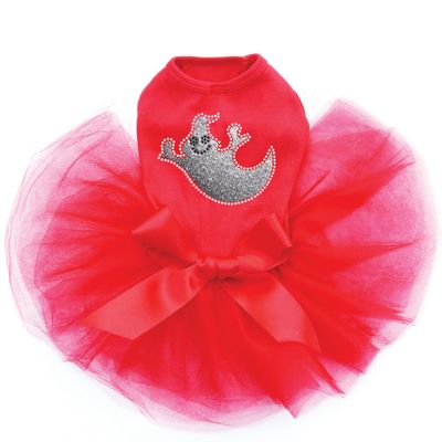 Silver Glitter Ghost - Bling Rhinestone Halloween and Fall Dog Tutu Dress, 3XL Red
