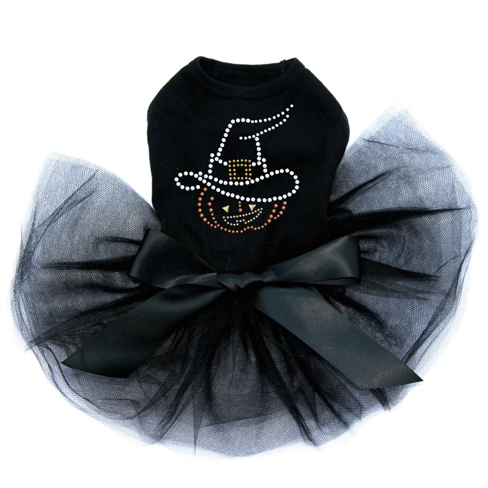 Pumpkin with Witch Hat - Bling Rhinestone Halloween and Fall Dog Tutu Dress, 4XL Black