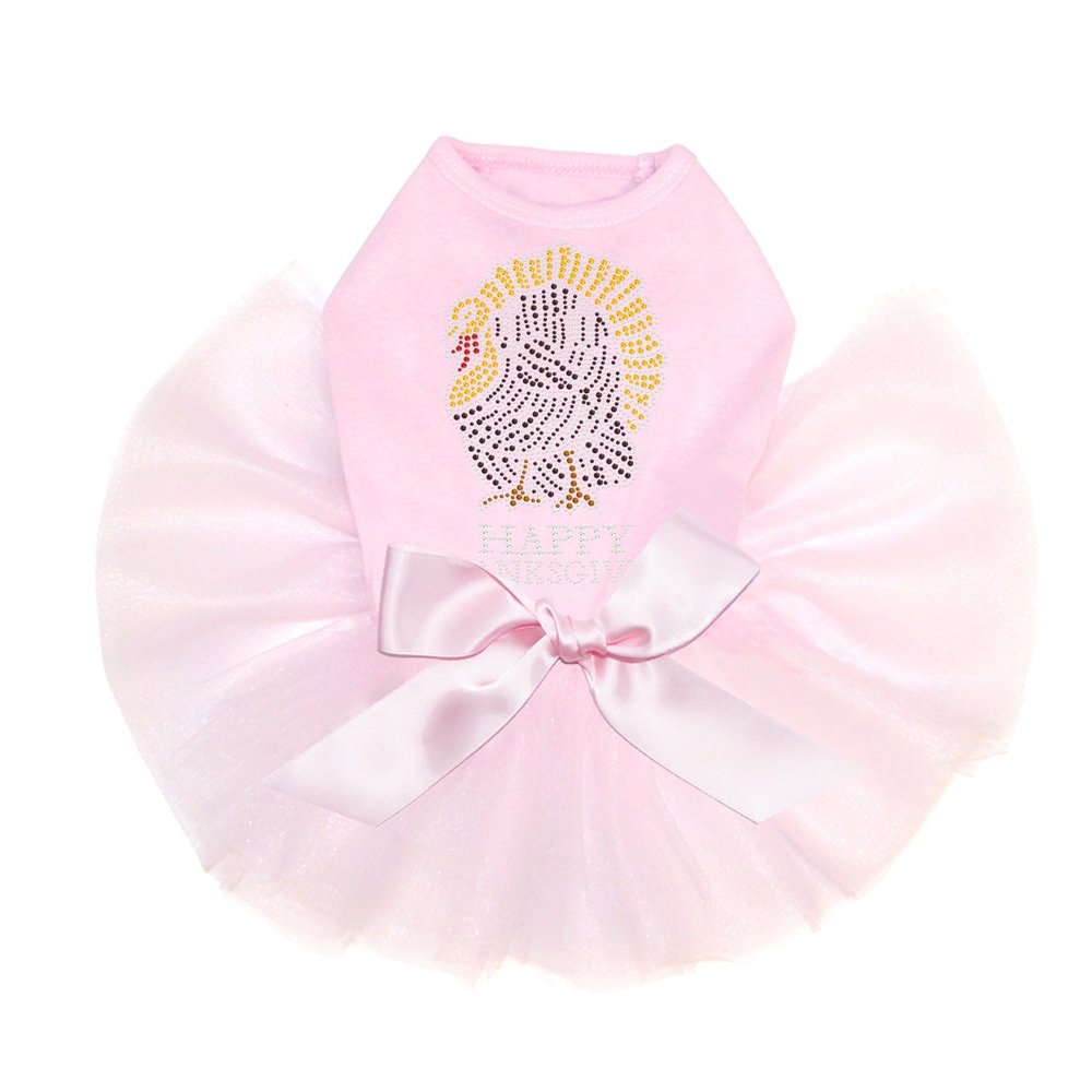 Happy Thanksgiving Turkey - Bling Rhinestone Halloween and Fall Dog Tutu Dress, L Pink