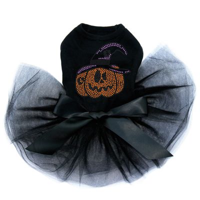Jack O'Lantern with Hat - Bling Rhinestone Halloween and Fall Dog Tutu Dress, L Black