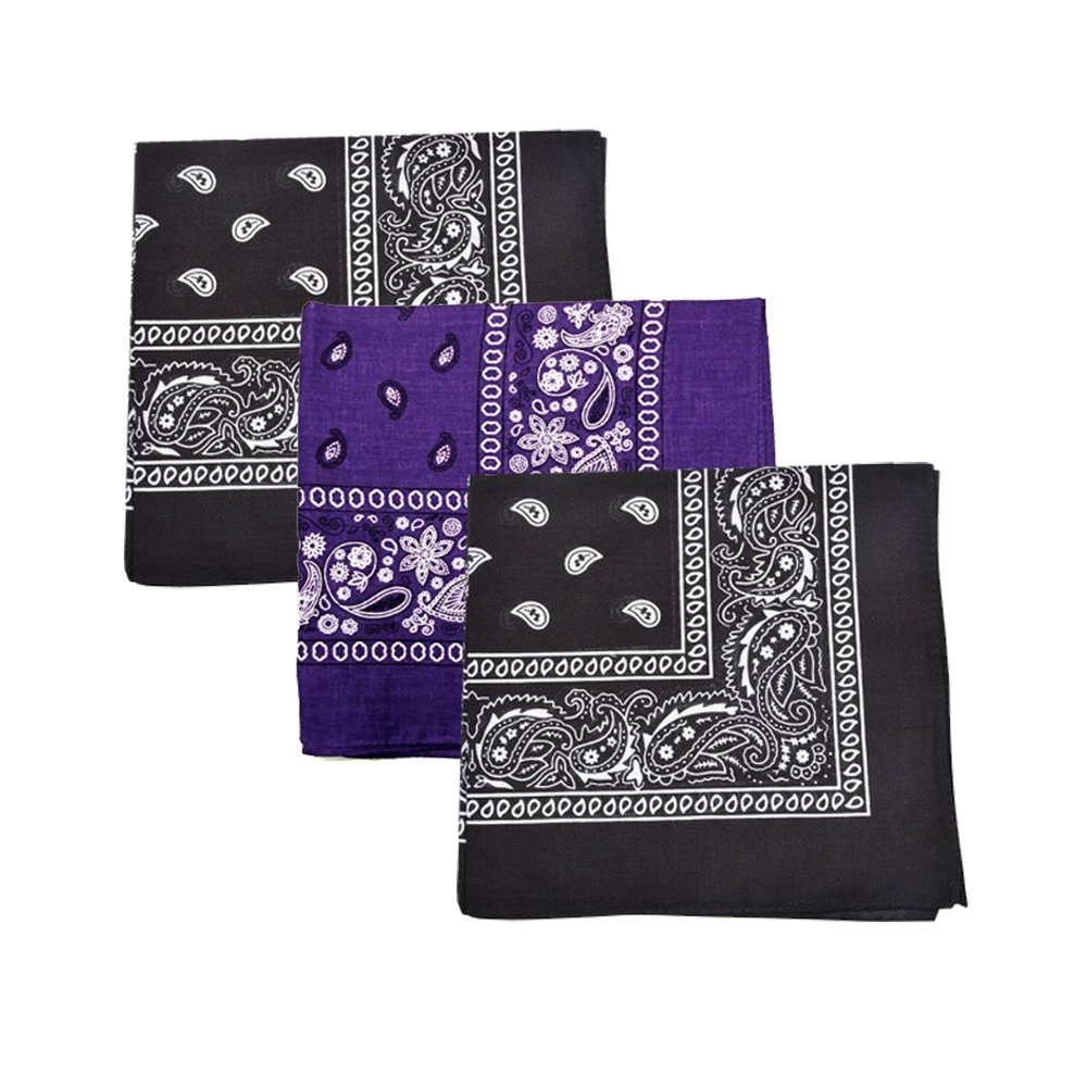 Mechaly Paisley 100% Cotton Bandanas - 3 Pack (2 Black and 1 Purple)