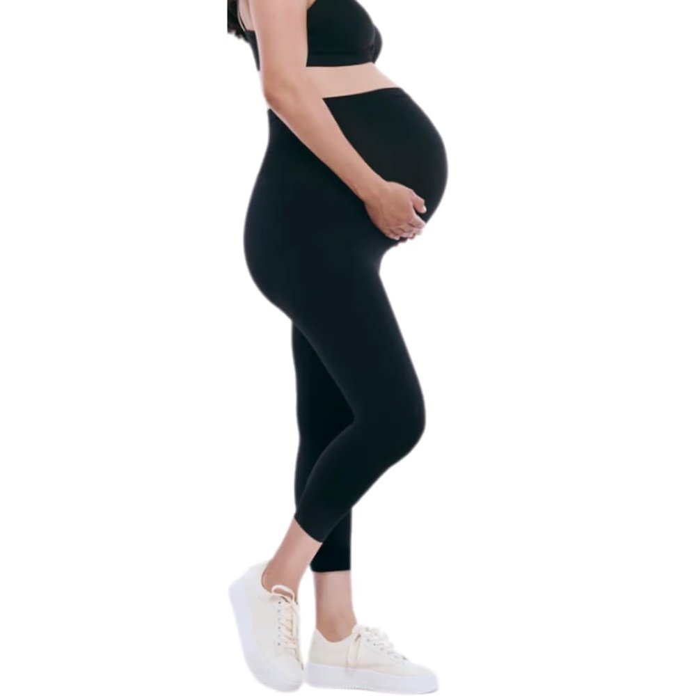 Motherhood Maternity Women's Essential Stretch Secret Fit Over The Belly Pregnancy Crop Capri Legging, Black, Large