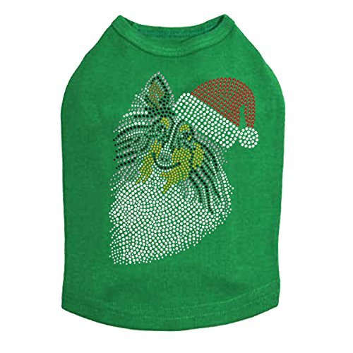 Sheltie Face Tri Color with Santa Hat - Bling Rhinestone Christmas Dog Shirt, 2XL Kelly Green