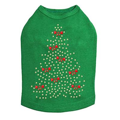 Gold Christmas Tree with Red Bows - Bling Rhinestone Christmas Dog Shirt, 3XL Kelly Green