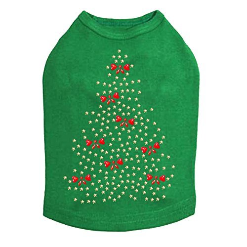 Gold Christmas Tree with Red Bows - Bling Rhinestone Christmas Dog Shirt, 3XL Kelly Green