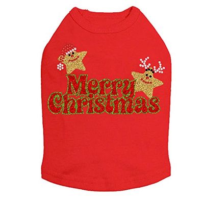 Merry Christmas Glitter Stars - Bling Rhinestone Christmas Dog Shirt, XL Red