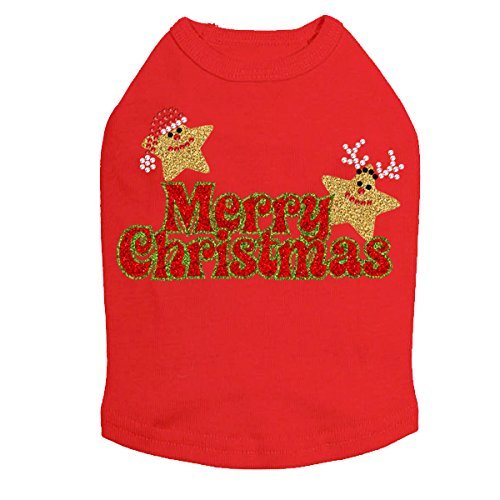 Merry Christmas Glitter Stars - Bling Rhinestone Christmas Dog Shirt, XL Red