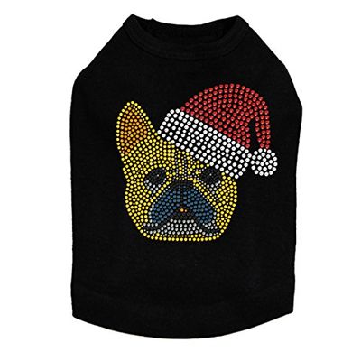 French Bull Dog with Santa Hat - Bling Rhinestone Christmas Dog Shirt, 4XL Black