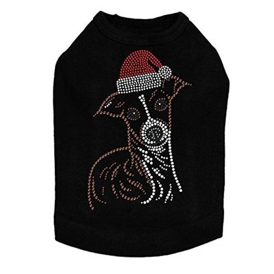 Italian Greyhound Face with Santa Hat - Bling Rhinestone Christmas Dog Shirt, M Black