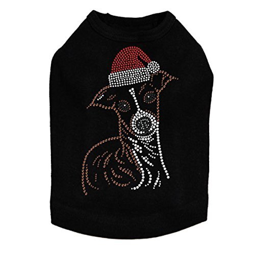 Italian Greyhound Face with Santa Hat - Bling Rhinestone Christmas Dog Shirt, M Black