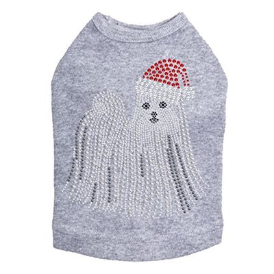 Maltese with Santa Hat - Bling Rhinestone Christmas Dog Shirt, XL Heather Gray