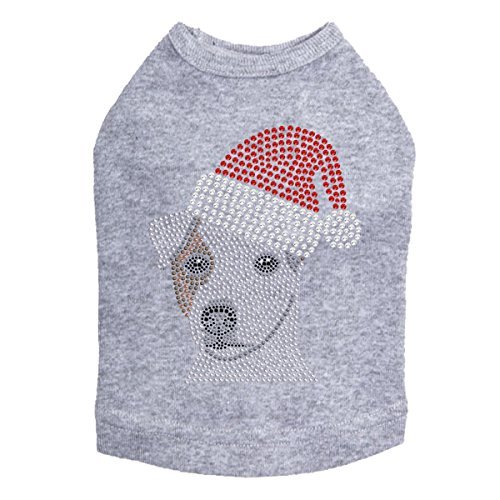 Jack Russell Terrier with Santa Hat - Bling Rhinestone Christmas Dog Shirt, 4XL Heather Gray