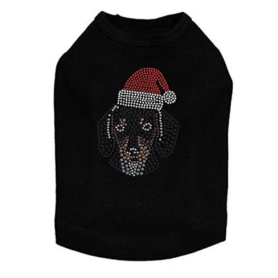 Dachshund Face with Santa Hat - Bling Rhinestone Christmas Dog Shirt, L Black