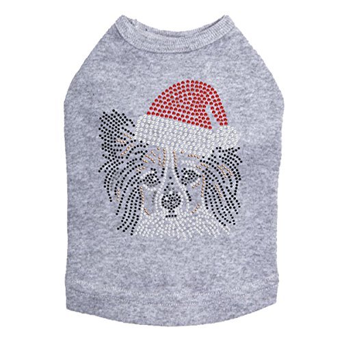Papillon with Santa Hat - Bling Rhinestone Christmas Dog Shirt, S Heather Gray