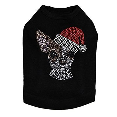 Chihuahua Face with Santa Hat - Bling Rhinestone Christmas Dog Shirt, 2XL Black