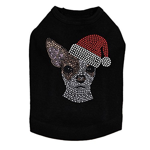 Chihuahua Face with Santa Hat - Bling Rhinestone Christmas Dog Shirt, 2XL Black