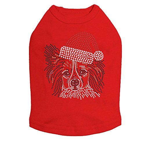 Papillon with Santa Hat - Bling Rhinestone Christmas Dog Shirt, S Red