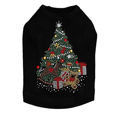 Christmas Tree #2 with Teddy Bear - Bling Rhinestone Christmas Dog Shirt, L Black