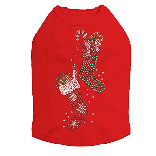Christmas Stockings - Bling Rhinestone Christmas Dog Shirt, L Red