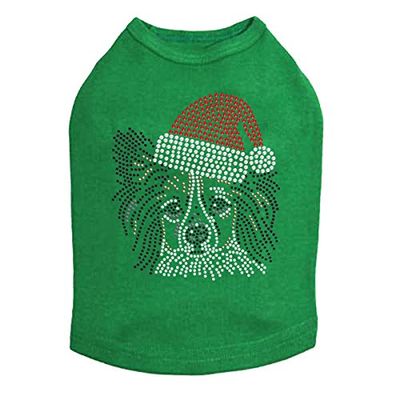 Papillon with Santa Hat - Bling Rhinestone Christmas Dog Shirt, L Kelly Green