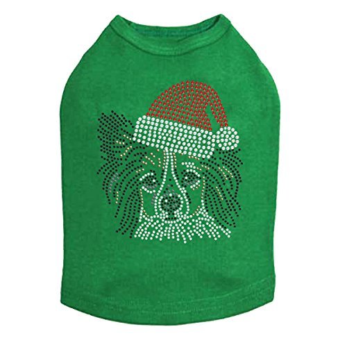 Papillon with Santa Hat - Bling Rhinestone Christmas Dog Shirt, L Kelly Green