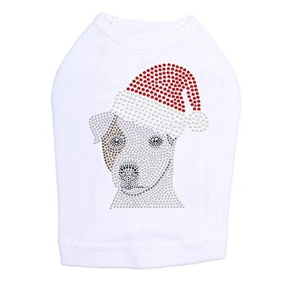 Jack Russell Terrier with Santa Hat - Bling Rhinestone Christmas Dog Shirt, L White