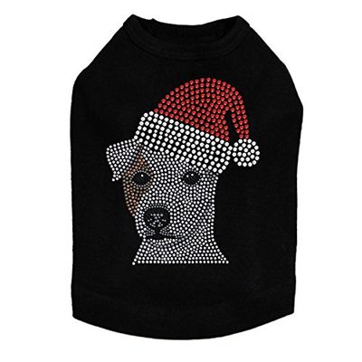 Jack Russell Terrier with Santa Hat - Bling Rhinestone Christmas Dog Shirt, L Black