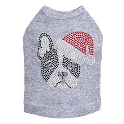 Boston Terrier with Santa Hat - Bling Rhinestone Christmas Dog Shirt, 2XL Heather Gray