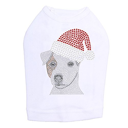 Jack Russell Terrier with Santa Hat - Bling Rhinestone Christmas Dog Shirt, XL White