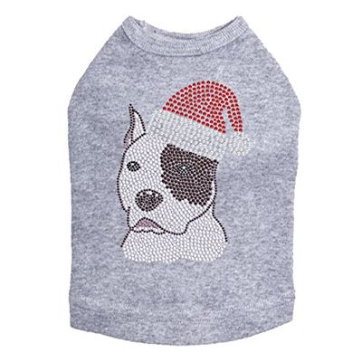 Pit Bull with Santa Hat - Bling Rhinestone Christmas Dog Shirt, XL Heather Gray