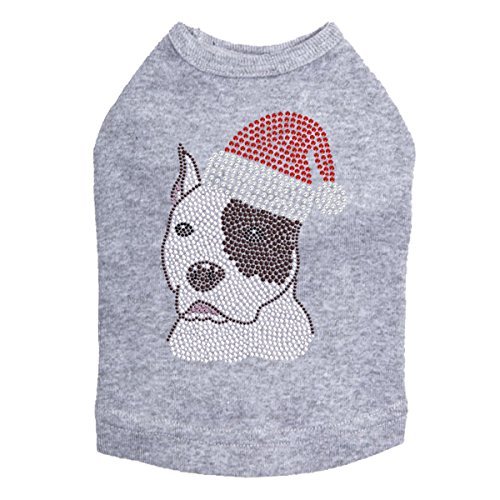 Pit Bull with Santa Hat - Bling Rhinestone Christmas Dog Shirt, XL Heather Gray