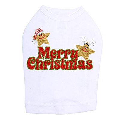 Merry Christmas Glitter Stars - Bling Rhinestone Christmas Dog Shirt, L White