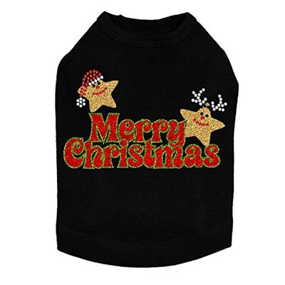 Merry Christmas Glitter Stars - Bling Rhinestone Christmas Dog Shirt, L Black
