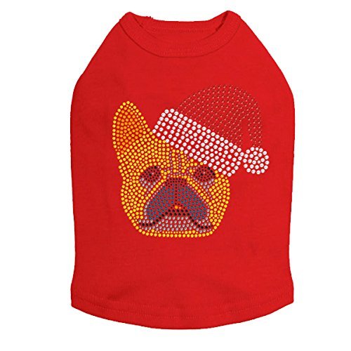 French Bull Dog with Santa Hat - Bling Rhinestone Christmas Dog Shirt, 3XL Red