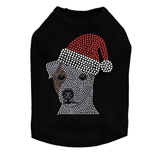 Jack Russell Terrier with Santa Hat - Bling Rhinestone Christmas Dog Shirt, 2XL Black