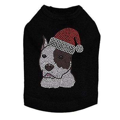 Pit Bull with Santa Hat - Bling Rhinestone Christmas Dog Shirt, XL Black