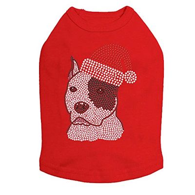 Pit Bull with Santa Hat - Bling Rhinestone Christmas Dog Shirt, XL Red