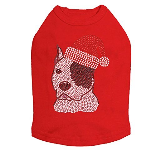 Pit Bull with Santa Hat - Bling Rhinestone Christmas Dog Shirt, XL Red