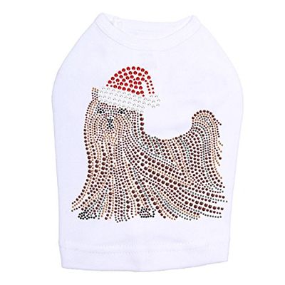 Yorkie with Santa Hat - Bling Rhinestone Christmas Dog Shirt, M White