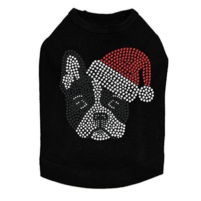 Boston Terrier with Santa Hat - Bling Rhinestone Christmas Dog Shirt, 3XL Black