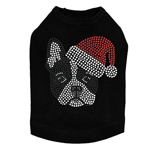 Boston Terrier with Santa Hat - Bling Rhinestone Christmas Dog Shirt, 3XL Black